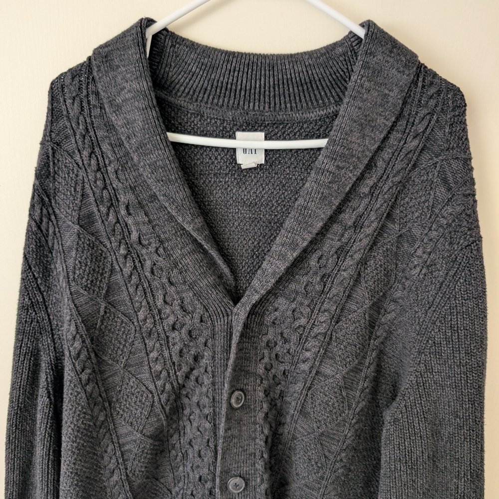 GAP Men XL 100% Cotton Cardigan Sweater Gray Grandpa Cottage Cabin Preppy Grunge - Picture 3 of 7